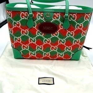 New authentic GUCCI Women's Orange 'miami' Straw Effect Tote Bag w/ duster